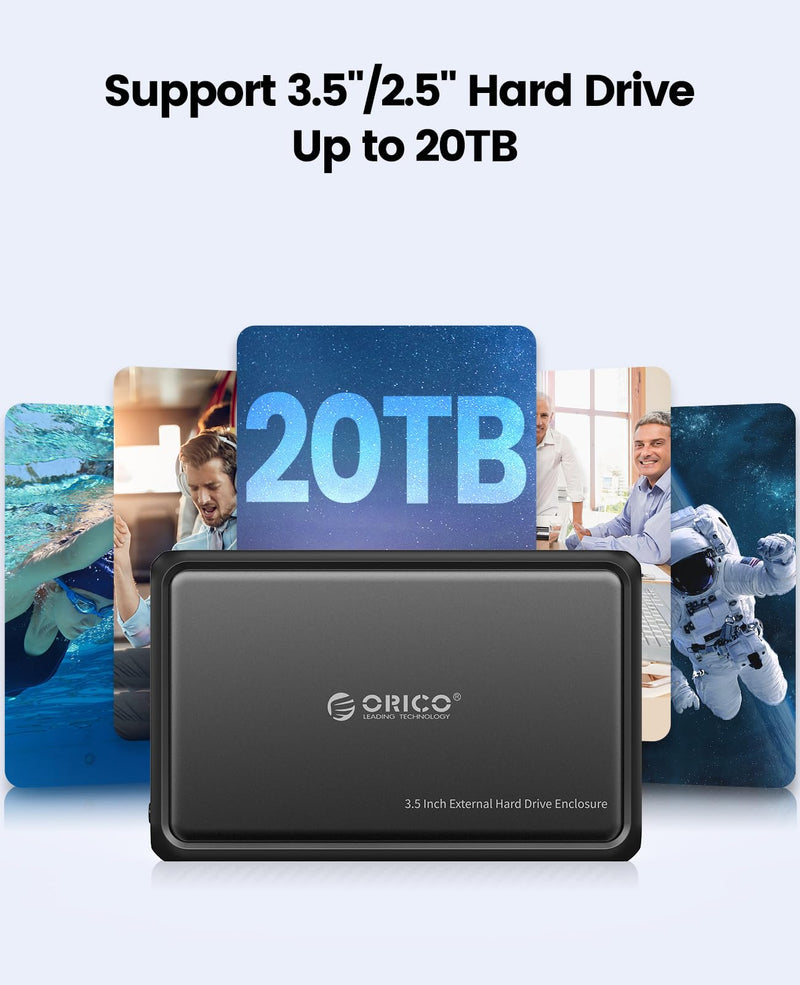 ORICO External Hard Drive Enclosure for 3.5 2.5 Inch SATA SSD HDD, up to 20TB Capacity, USB 3.2 Gen 1 High Transmission Speed, UASP and Trim Enabled, Compatible with WD Seagate Toshiba Samsung USB 3.2 Gen 1 Type-B
