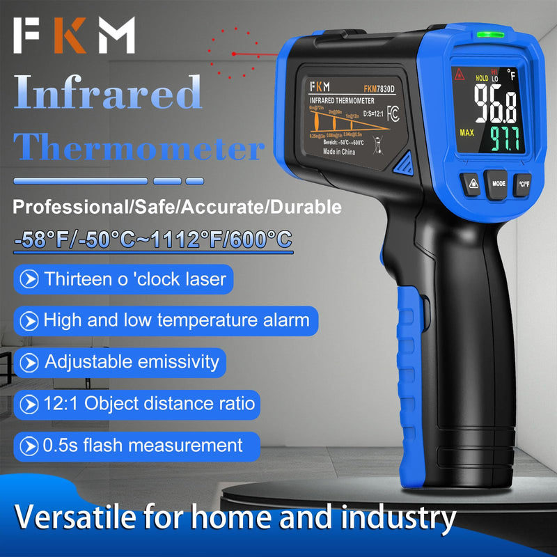 FKM Laser Thermometer Gun -58°F~1112°F(-50°C~600°C),Non Contact Infrared Thermometer Gun for Industrial,Engine,HVAC,Kitchen Cooking,Digital Temperature Gun Adjustable Emissivity,Not for Human Blue