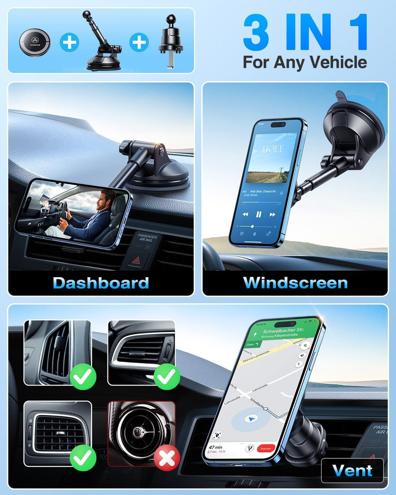 VANMASS for MagSafe Car Holder [Dash+Windshield+Vent] Magnetic Phone Mount | Military-Grade Certified,Upgraded Strongest Magnet&Suction,Truck Tesla Cell Stand Cradle for iPhone 17 Pro Max 16 15 14 13 12 Black