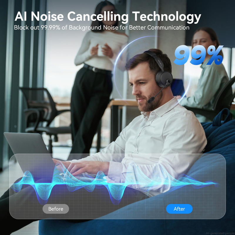 Bluetooth Headset with Microphone, 60 Hrs Bluetooth Headphones with Mic, Wireless Headset with Mic for Work/Meetings/Office/iPhone/Phone Calls/Call Center/Computer/PC/Teams/Zoom/Podcast/Skype/WebEx Black