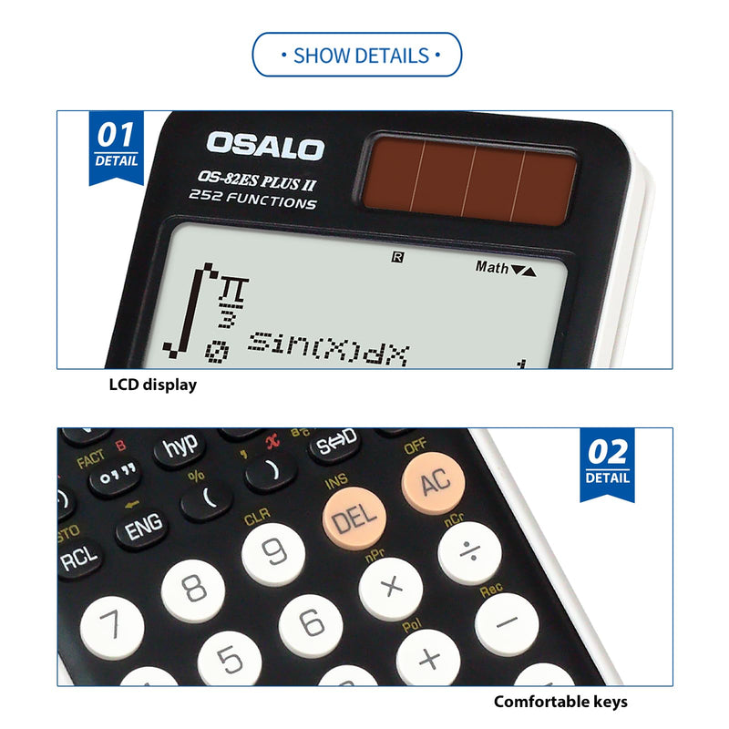 OSALO Scientific Calculator 252 Function 2 Line Written Display 10+2 Digits Solar and Battery Calculators for Students Secondary School Desktop Calculators Tax Function