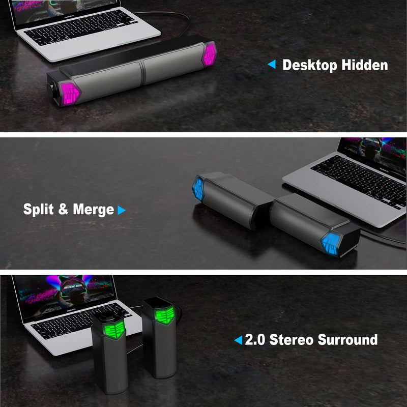 Smalody Computer Speakers for Desktop Gaming Monitor with RGB Lights, 2 in-1 Bluetooth PC Speakers Soundbar USB Powered, Can Be Split and Combined Freely 7070