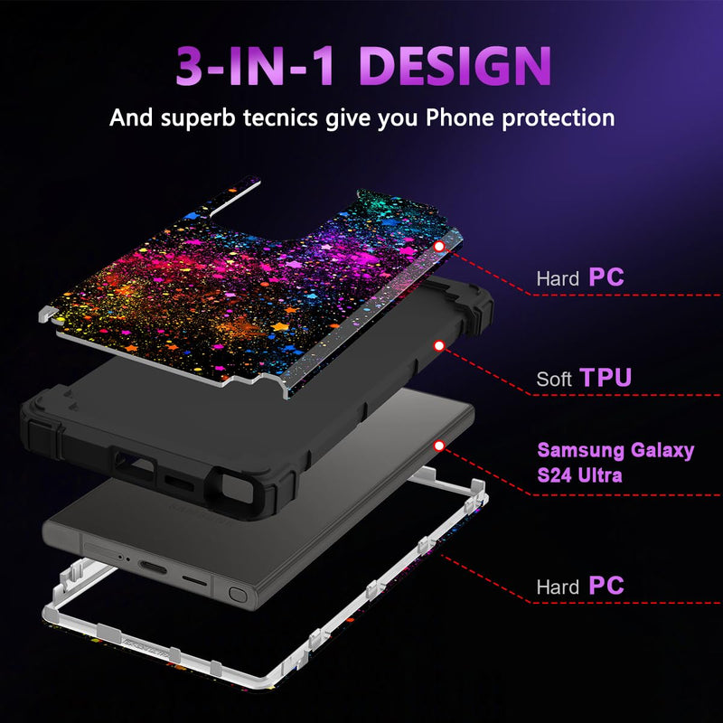 Casetego for Galaxy S24 Ultra Case,Glow in The Dark Three Layer Heavy Duty Sturdy Shockproof Full Protection Rugged Hard PC+Soft TPU Bumper Case for Samsung Galaxy S24 Ultra 5G 6.8 inch,Colorful Sky All Black Colorful Sky-Glow in the Dark
