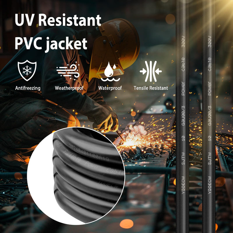 10ft 10/3 10 AWG SJTW 300V Wire (3 Conductor) - 10 Gauge SJTW Cable with UV-Resistant Jacket for Motor Leads, Battery Chargers and Machine - 3 Conductor - 10 Feet Electrical Wire 10AWG(3 Conductor)