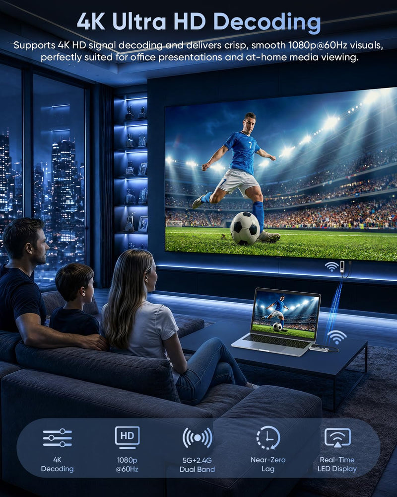 New Wireless HDMI Transmitter and Receiver 328FT/100M Portable Extender | Plug&Play with LED Display 4K Decode 1080P Output 2.4G+5G for Video and Audio to Monitor from Laptop/PC/Projector/TV Box Silver