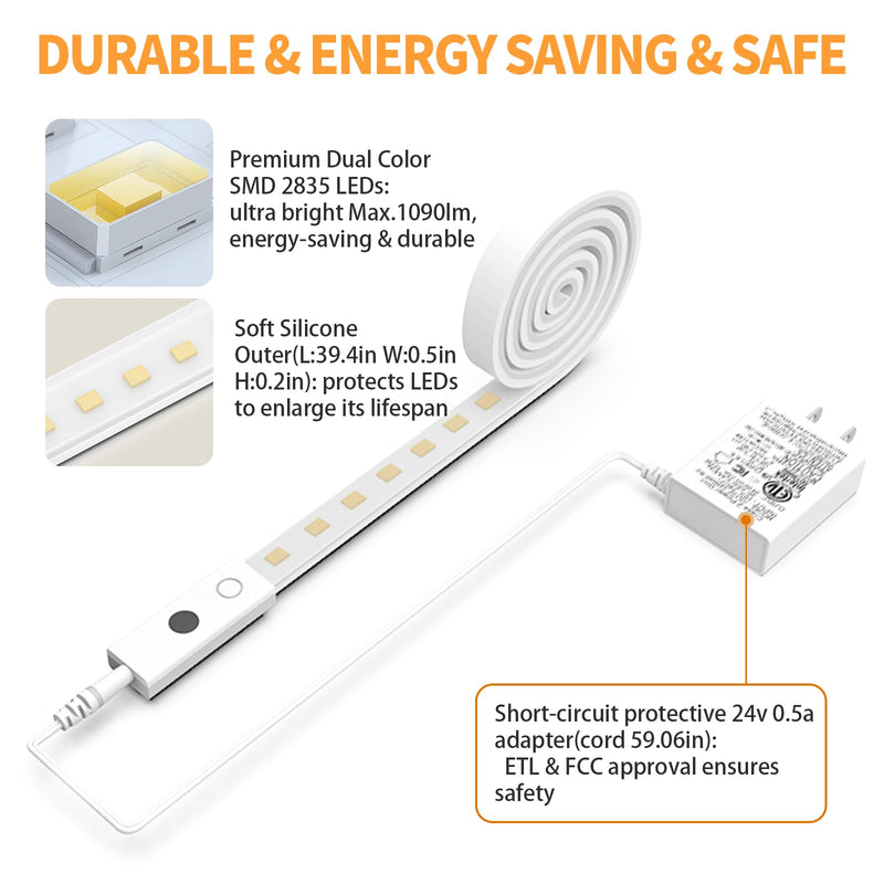 MY BEAUTY LIGHT 80in Smart Under Cabinet Lights, Handwave Sensor Under Counter Lights for Kitchen, 2700K-6500K 1090lm Stick-on Closet Light, Slim Cuttable Plug and Play Kitchen Lamp, 2 Rolls of 40in 40IN(PACK OF 2)