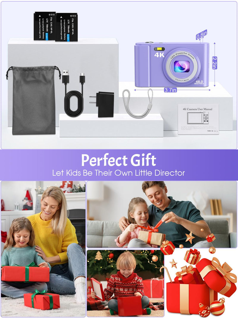 48MP 4K Kids Camera - Compact Point & Shoot with 2.8" LCD, 16X Zoom, 32GB SD Card Purple