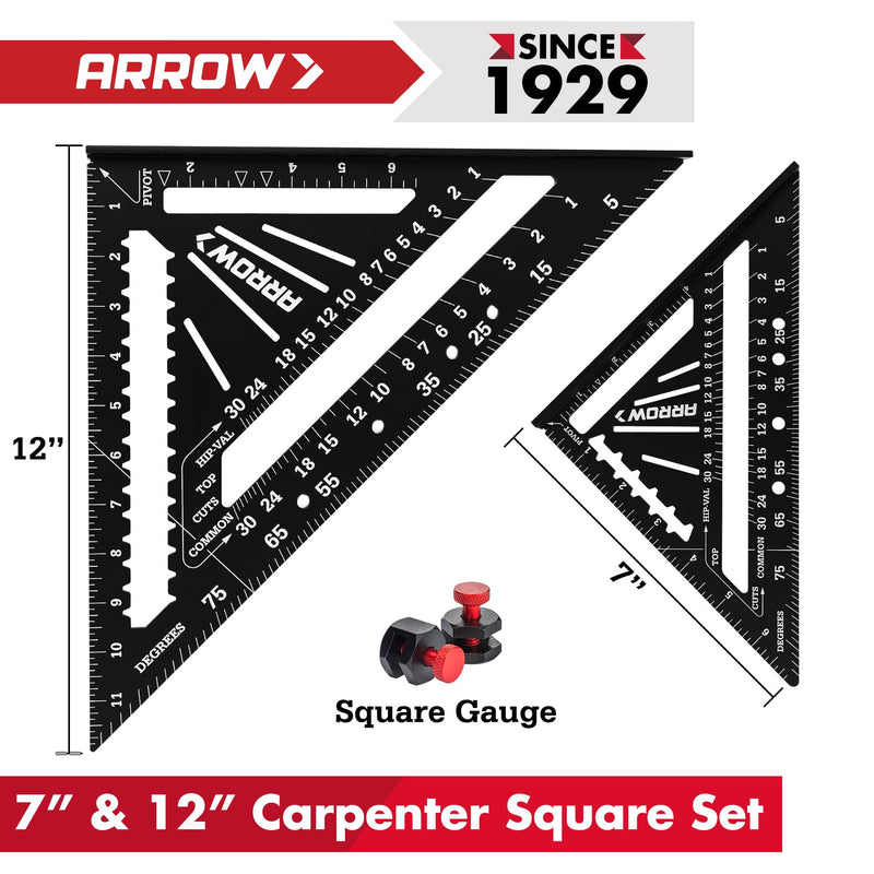Arrow Aluminum Alloy Rafter Square Set, 7-Inch & 12-Inch Carpenter Square Layout Tools, Woodworking Triangle Rulers for Carpentry and Craftsmen 7 inch & 12 inch