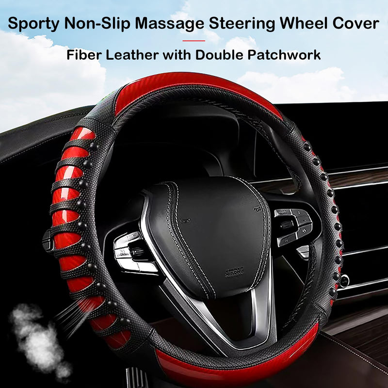 3D Massage Red Carbon Fiber Leather Steering Wheel Cover, 14.5-15 Inch Non-Slip Breathable Microfiber Car Steering Wheel Protector 3D Massage - Sports Red