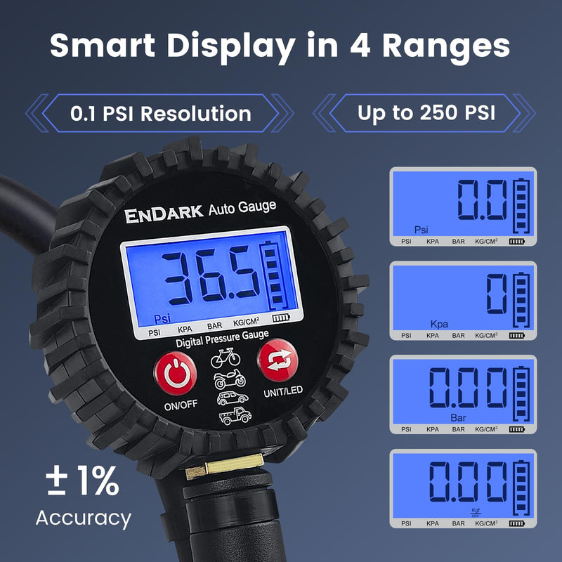 Digital Tire Pressure Gauge with Inflator: ENDARK 250 PSI Air Compressor Attachment Inflation Gun with Heavy Duty 360° Air Chuck & Extended Hose and Quick Connect Coupler