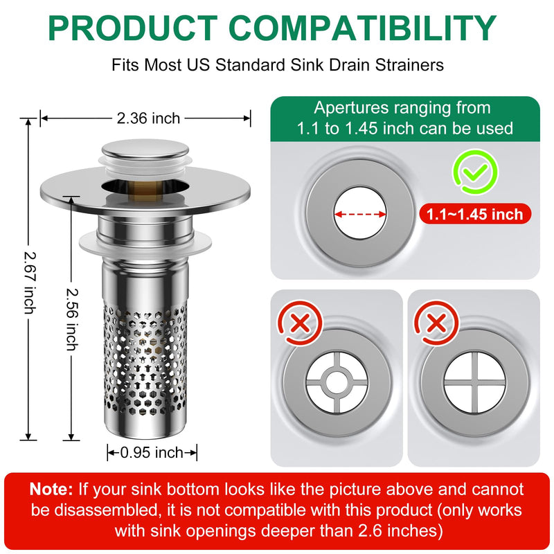 Bathroom Sink Drain Strainer,Universal Pop-Up Sink Stopper Hair Catcher, Anti-Clog Stainless Steel Drain Filter Basket, Removable Sink Drain for Bathroom Sink Stopper Silver-3pack
