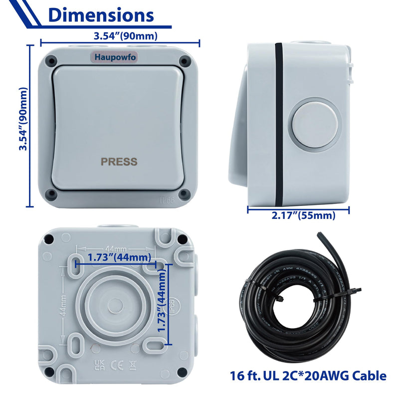 Universal Waterproof Hard Wired Exit Wall Push Button Momentary Switch with 16Ft Cable, Compatible with Mighty Mule Ghost Controls Liftmaster Topens CO-Z JUJIANG ZUMI and More Gate Opener