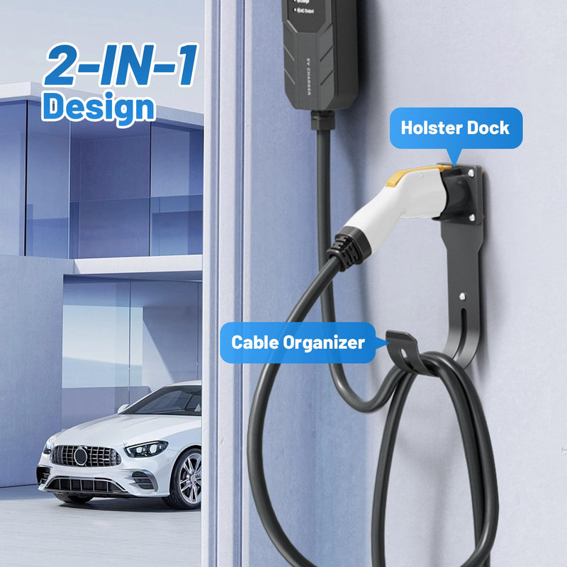 MECMO EV Charger Holder SAE J1772 Nozzle Holster Dock and J-Hook Combination Wall Mount, EVSE Electric Vehicle Car Charger Cable Organizer EV Charger Cord Wall Hook Cable Holder J1772 Connector