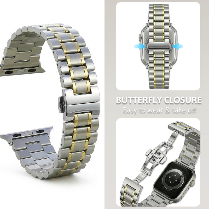 Metal Band Compatible with Apple Watch Ultra Band 49mm 46mm 45mm 44mm 42mm, Stainless Steel Link Bracelet with Butterfly Clasp for Apple Watch Ultra 3 2 1 Series 11 10 9 8 7 SE, Gold silvery+gold 40/41/42mm