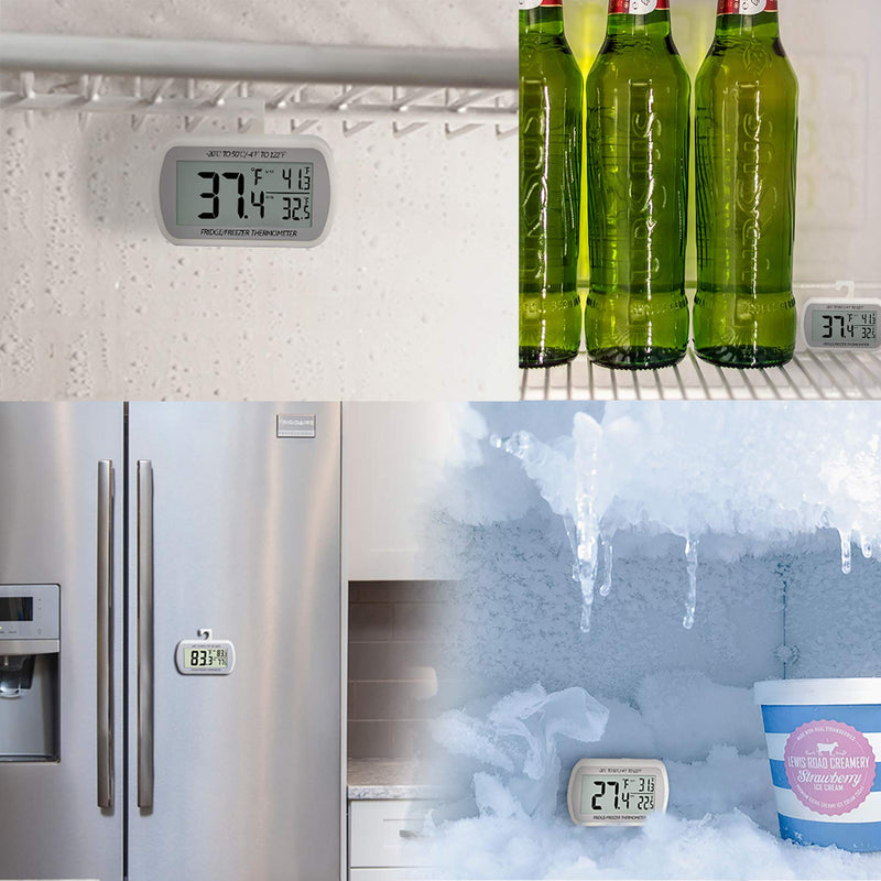 AEVETE 4 Pack Waterproof Digital Refrigerator Thermometer Large LCD, Freezer Room Thermometer with Magnetic Back, No Frills Easy to Read