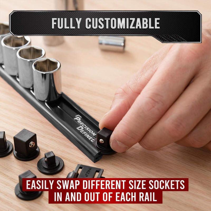 Precision Defined Aluminum Tool Socket Holder | Black, Single 3/8-Inch Socket Organizer x 16 Clips | Heavy Duty Socket Rails Organizer, Socket Storage, Socket Tray 360 Rotation 3/8-Inch Drive