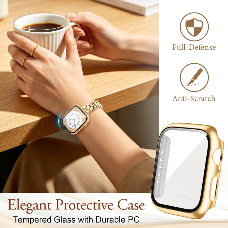 Melyis Slim Metal Band with Case Fits Apple Watch Bands for Women 42mm | Thin Stainless Steel iWatch Bands for Women, Dressy Band for Apple Watch with Screen Protector Series SE 9 8 7, Gold 42mm-Series 11 10