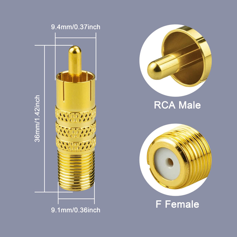 2-Pack RCA Male to F-Type Female Coaxial Adapter 75-Ohm Gold-Plated F to RCA Plug Converter for Antenna TV, Subwoofer, Cable Box, Satellite Receiver, CCTV