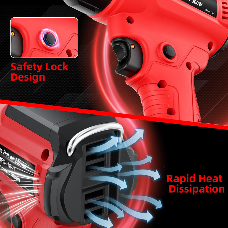 Cordless Heat Gun for Milwaukee 18V Battery, 350W 1022°F (550°C) Soldering Heat, Variable Temperature Control Hot Air Gun Kit with 4 Nozzles and Scraper, for Shrink Tubing, PVC Wrap(NO Battery) Red
