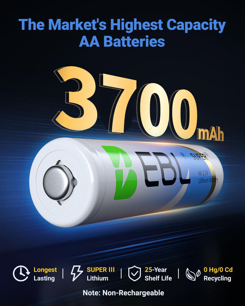 EBL 3700mAh AA Lithium Batteries, 20 Pack 1.5V Longest-Lasting Non-Rechargeable, Upgraded Super Ⅲ Lithium AA Batteries for Blink Camera