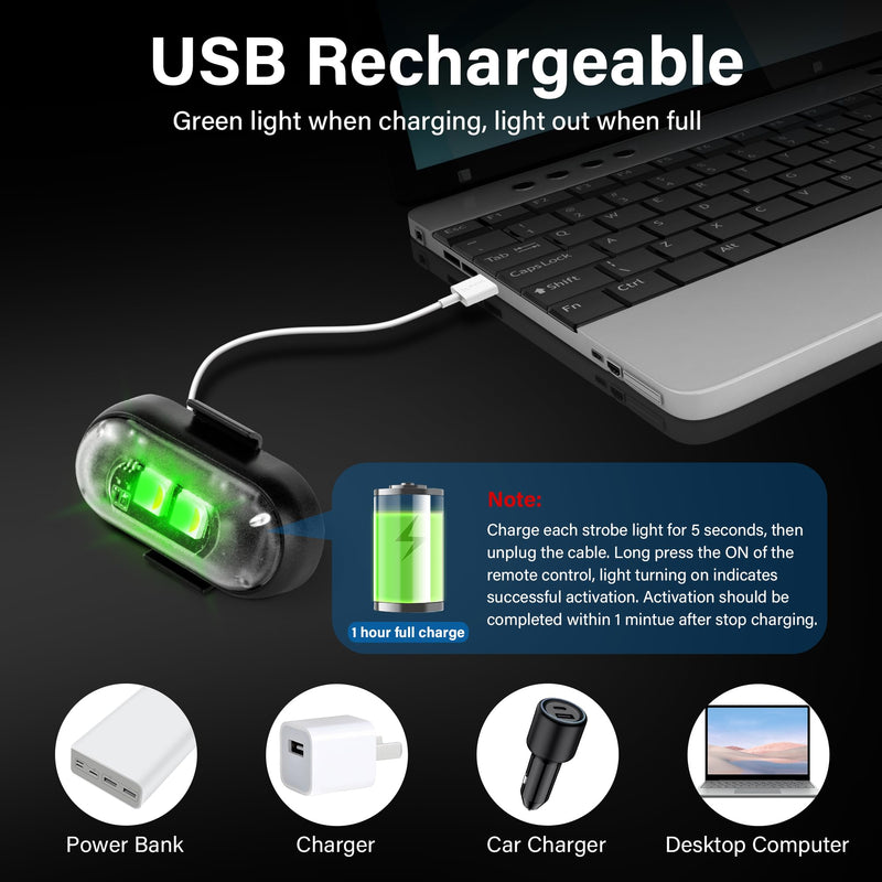 Wireless LED Lights for Car 4PCS with Remote Control, Wireless LED Strobe Lights 8 Colors USB Charge IP65 Waterproof Anti-Collision for Car Motorcycle Drone RC Aircraft Bike, Black
