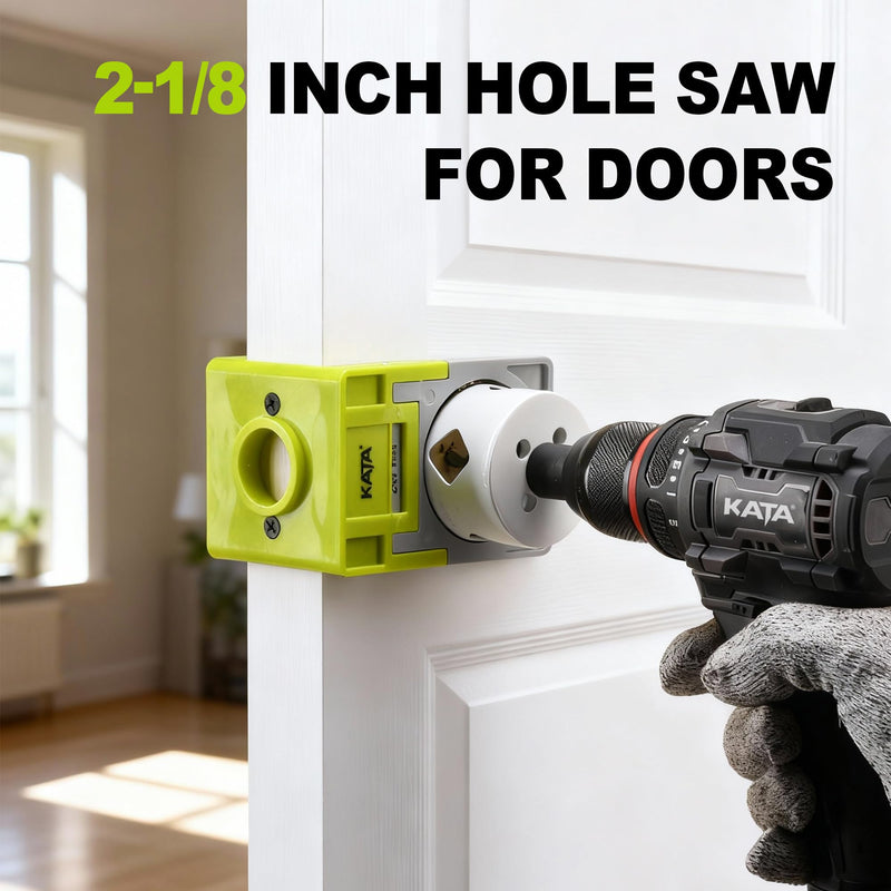 KATA Door Lock Installation Kit for Metal & Wood Doors, 1-3/8" to 1-3/4" Bi-Metal Hole Saw with Adjustable Guide Template, Installing Deadbolt and Knob, Extra Drill Bit & Screwdriver Bit Inclued Green/Grey
