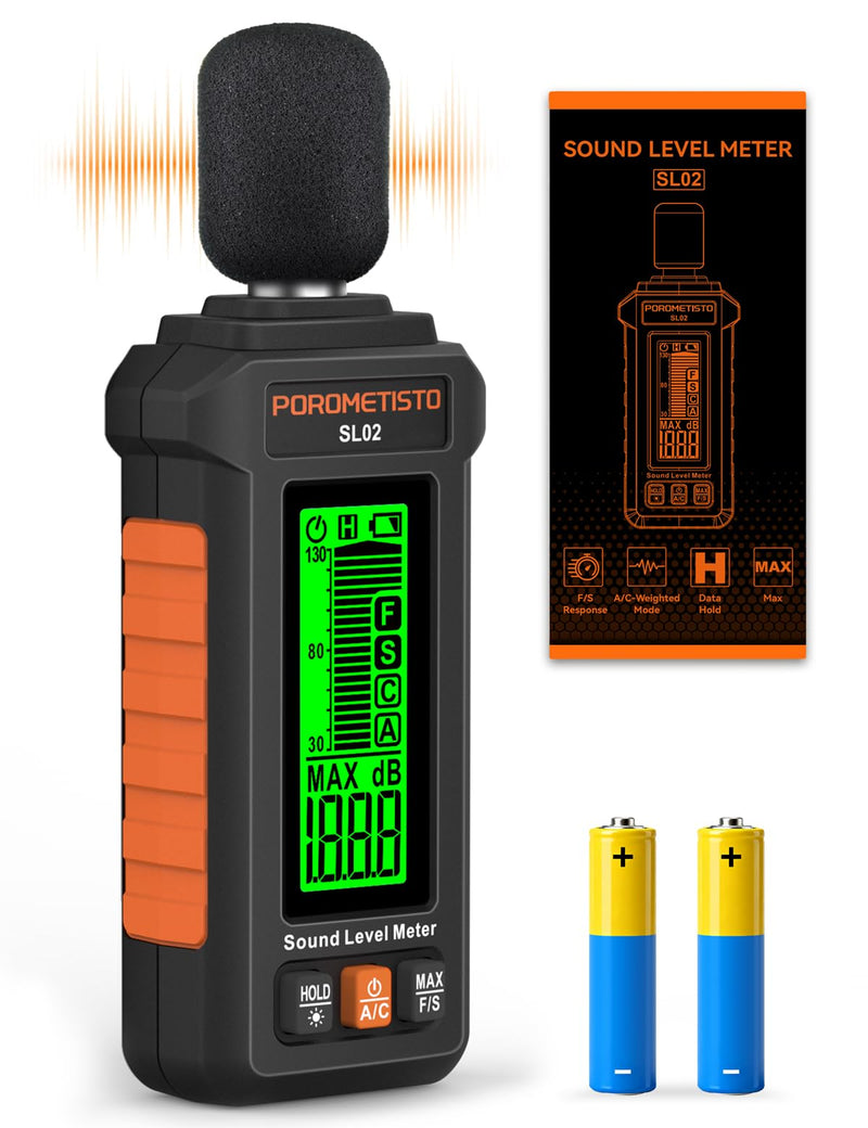 Sound Level Meter, POROMETISTO 30-130dB Noise Decibel Meter with A/C Weighted, ±1.5dB Accuracy, Data Hold, SPL Tester for Home, Factory, Office & Noisy Neighbors