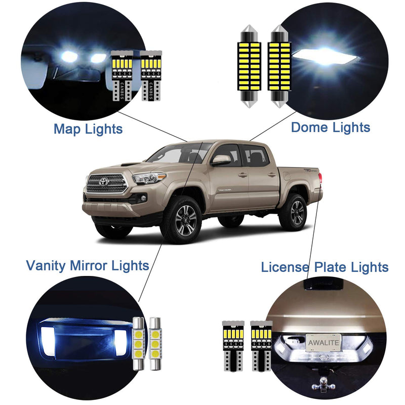 10pcs Tacoma Interior LED Lights Kit Super Bright LED Map Dome Light Bulbs for Toyota Tacoma 2005 2006 2007 2008 2009 2010 2011 2012 2013 2014 2015 2016 2017 2018 2019 2020 2021 2022 all models