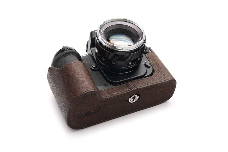 Nikon F100 Case, BolinUS Handmade Genuine Real Leather Half Camera Case Bag Cover for Nikon F100 Camera with Hand Strap (Coffee) Coffee