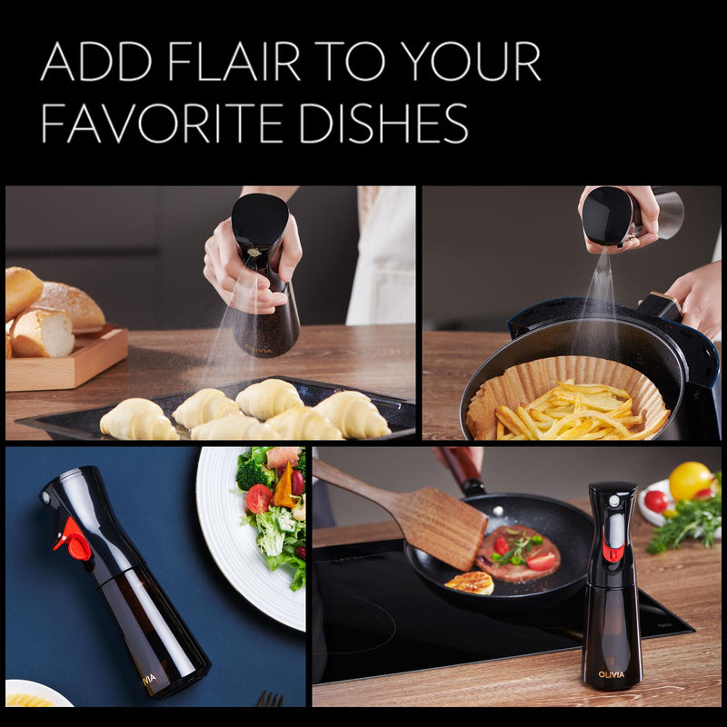 FLAIROSOL OLIVIA Oil Sprayer for Cooking, 200ml Glass Olive Oil Sprayer, Continuous Cooking Spray Dispenser with Portion Control for Kitchen, Air Fryer, Salad, BBQ (Black Bottle, Gold Print) 1 Pack Black