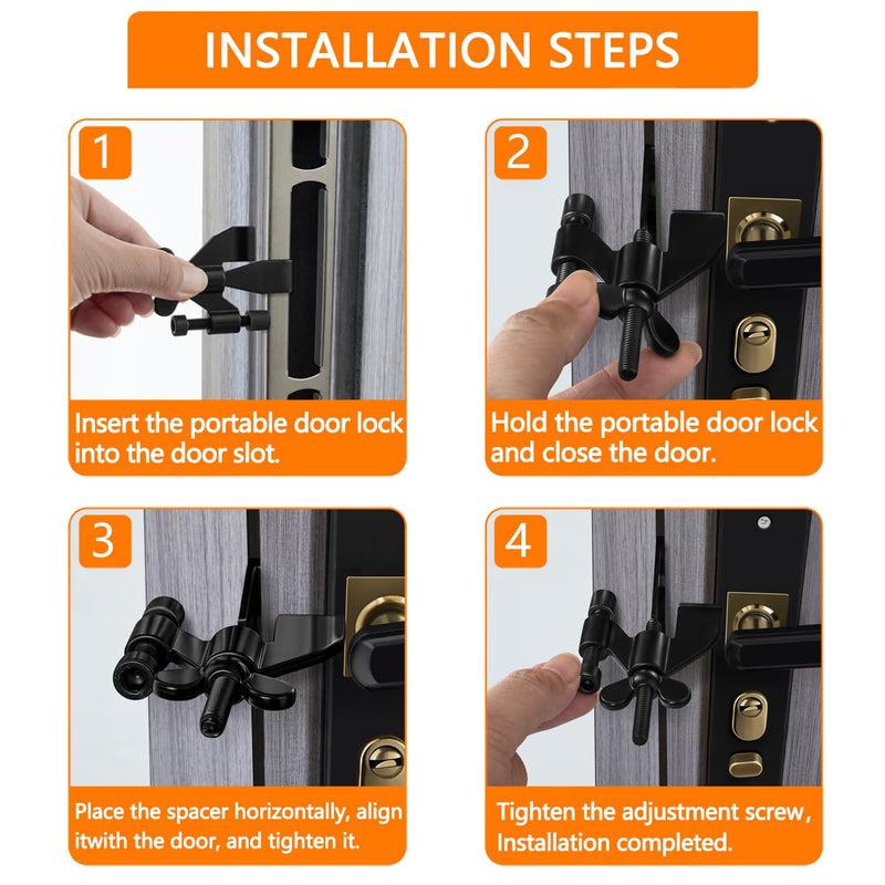 INIRET 3 Pack Black Adjustable Heavy Duty Portable Door Lock,Security Device for Enhanced Safety,for Home,Travel,Hotels,Apartments Prevents Unauthorized Entry,No Drill,Silicone Protector Caps Included