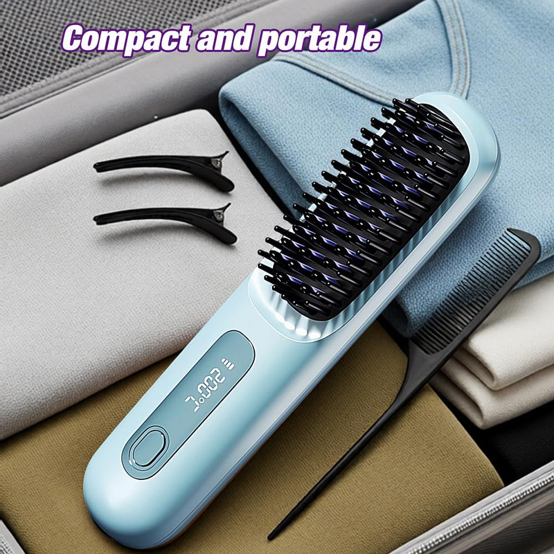  [AUSTRALIA] - GlowWave Heated Brush, 2026 Cordless Hair Straightener Brush, 3 Heat Settings & LED Screen Glowcept Heated Brush, Portable & Rechargeable Heated Styling Brushes for Travel & Everyday Use (Blue)