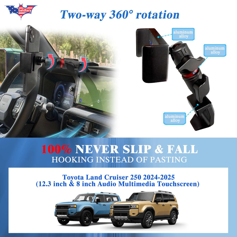 Land Cruiser 250 Phone Mount for Toyota Land Cruiser 250 2024-2025 Accessories|Aluminum Telescopic Phone Holder|Thick Case Friendly Car Mount for iPhone 16/15 Pro Max, Galaxy S24
