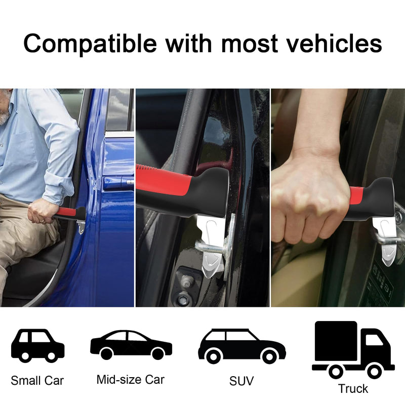 Versatility Auto Cane Vehicle Support Handle for Elderly and Handicapped Portable Automotive Door Assist Handles with LED Light, Seatbelt Cutter, and Window Breaker Red Old