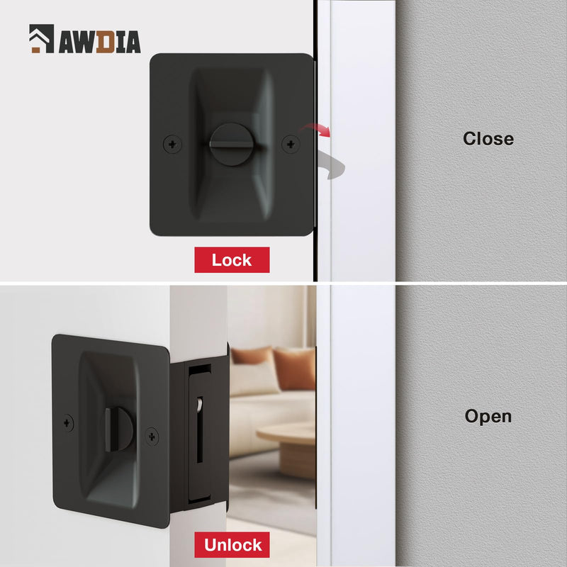 Matte Black Pocket Door Lock, 2-Pack Privacy Pocket Door Hardware, Pocket Door Handles, Pocket Door Lock Latch with Pull, 2-3/4’’x2-1/2’’, for 1.38’’-1.77’’ Thickness Door