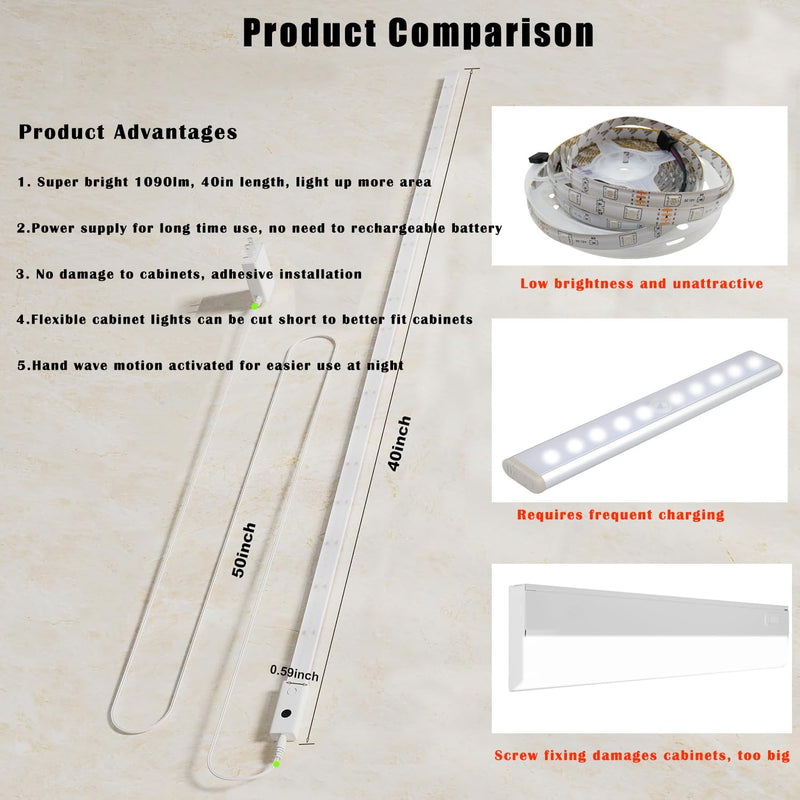 Under Cabinet Light with Hand Wave 40 inch 1090lm,2-Pack Under Cabinet Lighting Plug in,3 Colors Undercabinet Lights for Kitchen,Stick on LED Under Counter Lights for Cabinet,Desk,Shelf 2-Pack