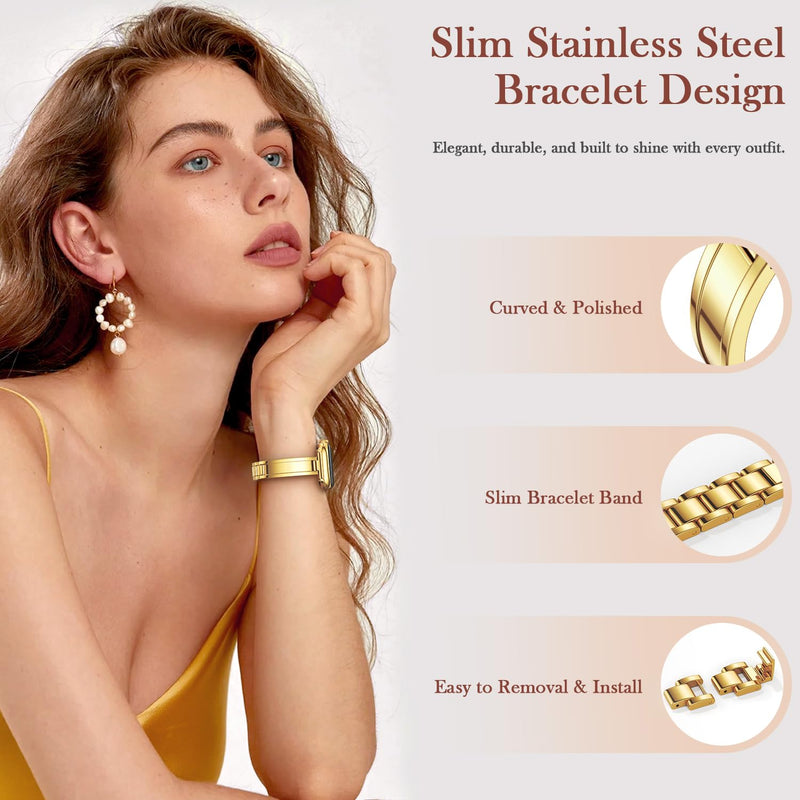 Slim Gold Apple Watch Bands for Women 38mm 40mm 41mm 42mm,Thin Curved Designer Dressy Metal Strap for iWatch Series 11/10/9/8/7/6/5/4/SE/3/2/1,Stainless Steel Bracelet Luxury Elegant Wristband 38mm/40mm/41mm/42mm(Series 11 10)
