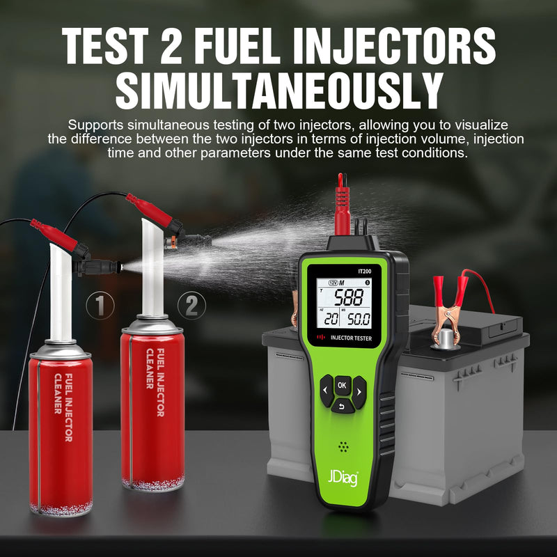 JDIAG Universal Fuel Injector Tester Cleaner Kit - 4 Preset & 1 Custom Mode, Test 2 Injectors Simultaneously, DIY Cleaning Tools with Dedicated Fuel Injector Connectors, 12V/5V Output Power