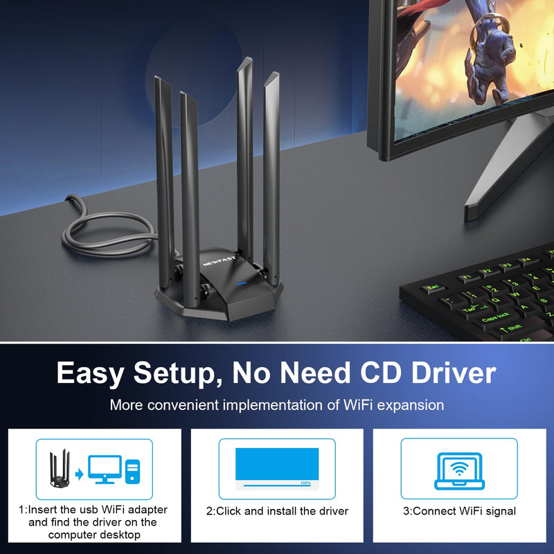 NEWFAST AC1300 USB WiFi Adapter for Desktop PC, Wireless Network Adapter | Dual Band USB 3.0 WiFi Adapter Long Range Support MU-MIMO, 4×High Gain Antenna, WiFi Dongle for Windows XP/7/8/8.1/10/11 Black