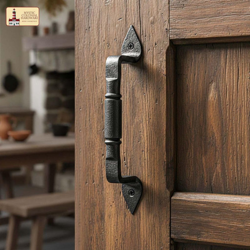 2 Pack Mystic Colonial Medieval Rustic Cast Iron Barn Door Handles - (6 inch) Colonial Pull Handles for Gates, Sheds, Cabinets & Garden Doors with Black Finish 6 Inch Pair Barrel Pull Handle