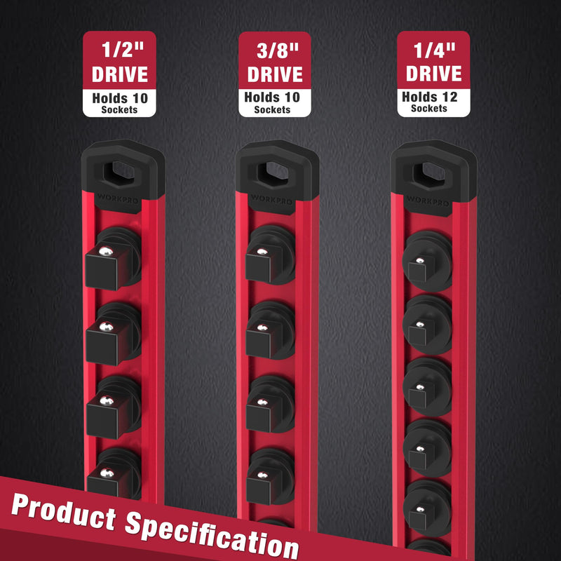 WORKPRO Magnetic Socket Organizer Set, 3-Piece Aluminum Alloy Socket Rail, Heavy Duty Socket Holder, Socket Rack Kit 1/4-Inch x 12 Clips, 3/8-Inch x 10 Clips, 1/2-Inch x 10 Clips (Red) 3 Pieces-1/4", 3/8", & 1/2" DR Red