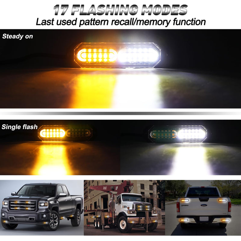 ASPL 8pcs Sync Feature Ultra Slim 12-LED Surface Mount Flashing Strobe Lights for Truck Car Vehicle LED Mini Grille Light Head Emergency Beacon Hazard Warning lights (Amber/White) Amber/White
