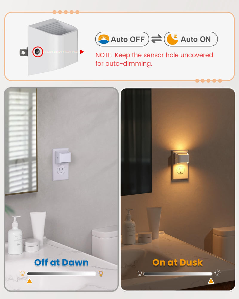 NIORSUN Plug in Night Light, Auto Brightness Sensor Night Light, 3000K Warm White, Ultra-Slim Wall Light for Hallway Bathroom Bedroom Stairs, White, 8 Pack