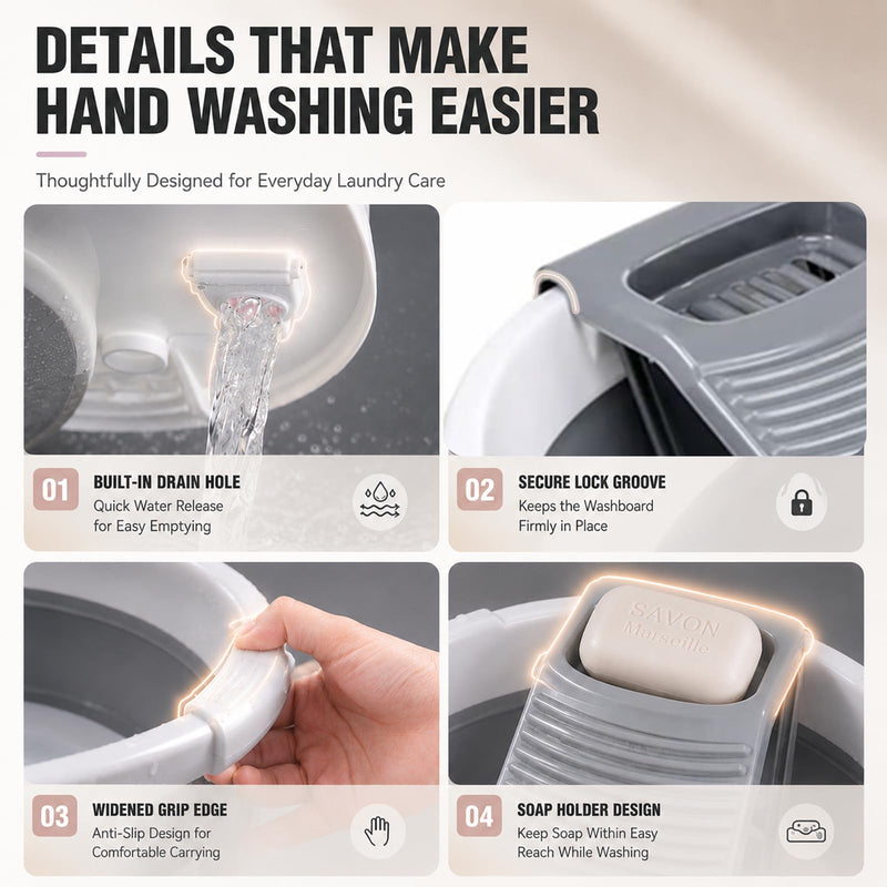 Washboard Basin for Hand Washing Clothes, 8 Gallon Collapsible Laundry Tub with Detachable Washboard, Dual Drain Design, Foldable Utility Wash Basin for Apartment, RV, Camping, Travel & Small Spaces Gray White 20"x20"