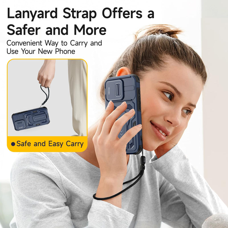 for iPhone 17e Case/iPhone 16e Case with 2*Screen Protector, Blue | Slide Camera Cover,Kickstand,Lanyard Strap, Military Grade Shockproof Protective Heavy Duty Non-Slip for 17e Phone Case 6.1"