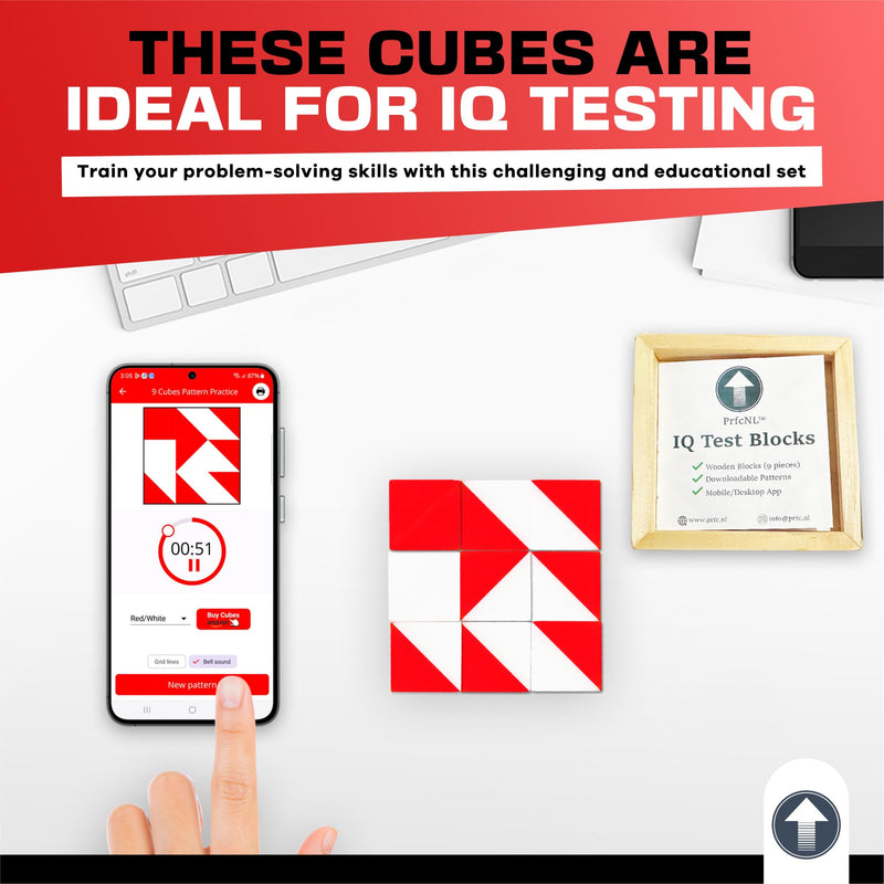 PrfcNL IQ Test Blocks - 9 Wooden Cubes in White and red with 60 Patterns and Mobile app, Ideal for WISC, WAIS, WPPSI prep,Educational STEM Montessori Gift for All Ages Challenge