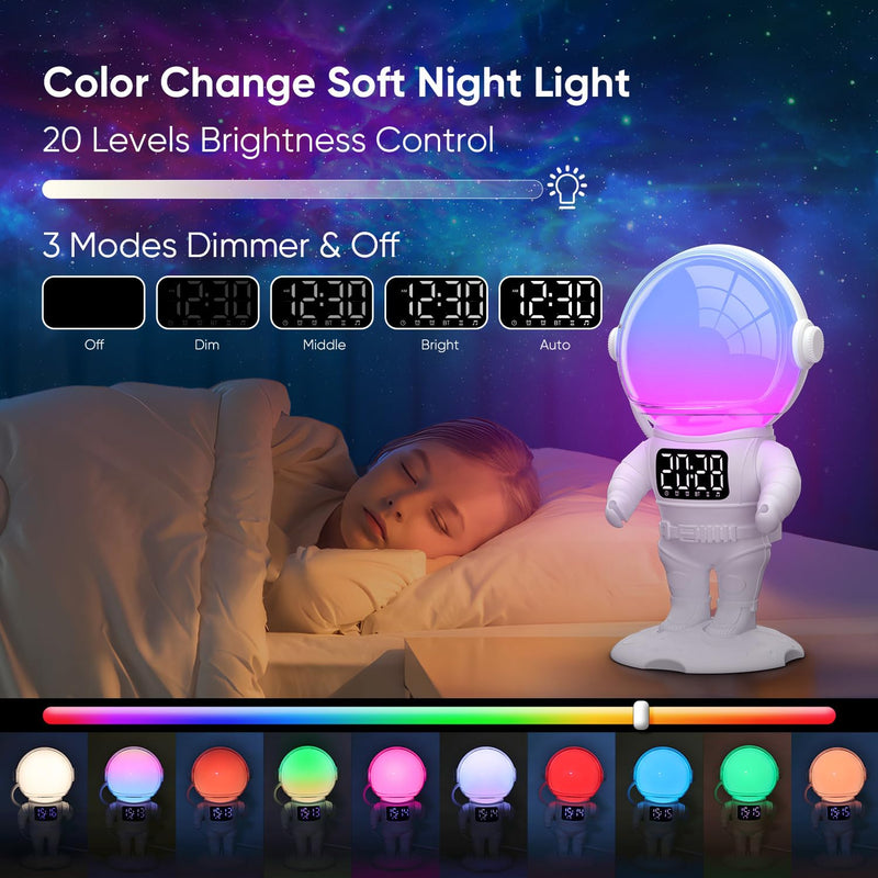 Astronaut Sunrise Alarm Clock for Kids, White Noise Sound Machine with 30 Soothing Sounds, 22 Dimmable Nightlights, Bluetooth Speaker, Dual Digital Alarm Clocks, Wake Up Light for Bedroom, Adults White+remote Control