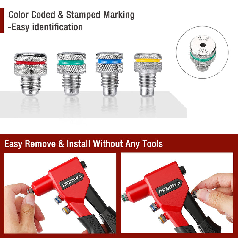 Arrow Hand Riveter Kit, RT187M Professional Pop Rivet Gun with 3/32", 1/8", 5/32", 3/16" 100 Pieces Rivets (Each 25 Pieces), Great for Metal, Gutter and Automotive Work