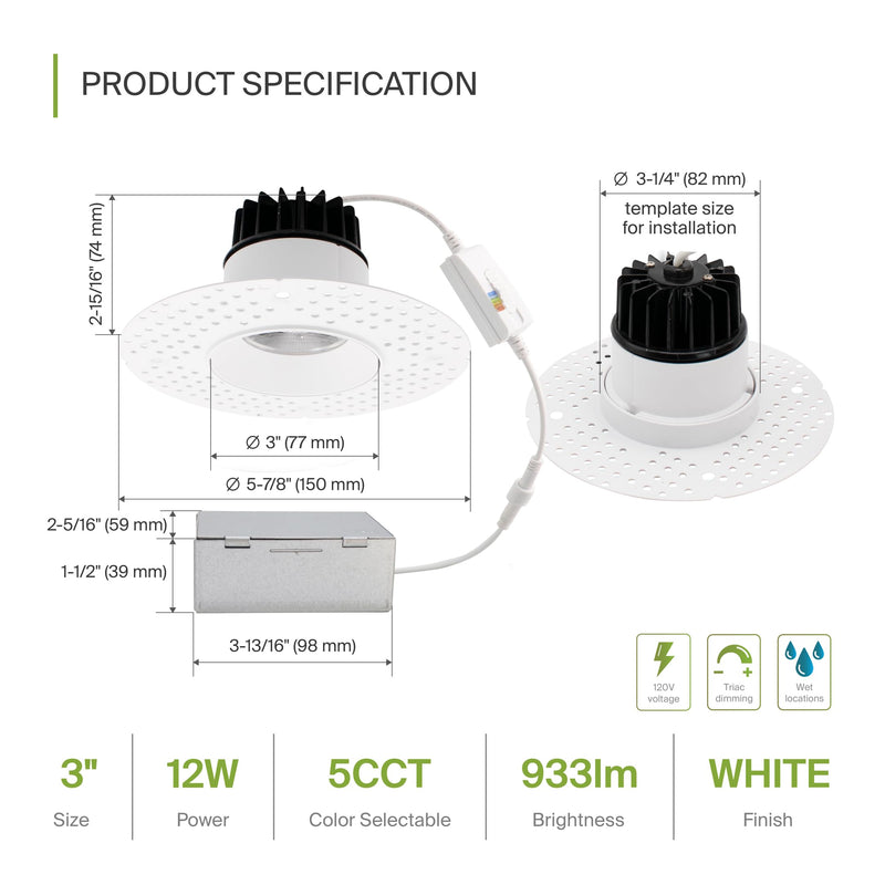 ASD Trimless 3 Inch LED Recessed Light, 12W 120V Round Commercial Downlight, Canless Dimmable Lights for Ceiling with J-Box, 5 CCT 2700K-5000K, CRI 90+, IC Rated, ETL, Energy Star, White Round 1 Pack 3" 12 Watt