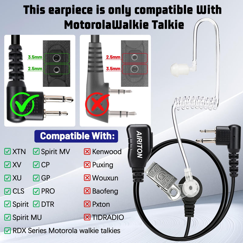 Earpiece for Walkie Talkie Radio Earpiece with Mic/PTT, Compatible for Motorola CP100D R2 CP200 CP185 CP200D CLS1410 RMU2080D CLS1110 RMU2040 BPR40 Acoustic Tube Surveillance Headset (2 Pin)